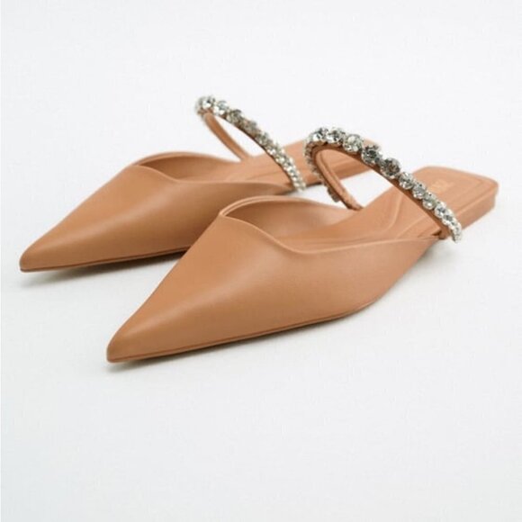 ZARA Sling Back Flat Point Shoes With Rhinestones Neutral Beige Brown Sz 6